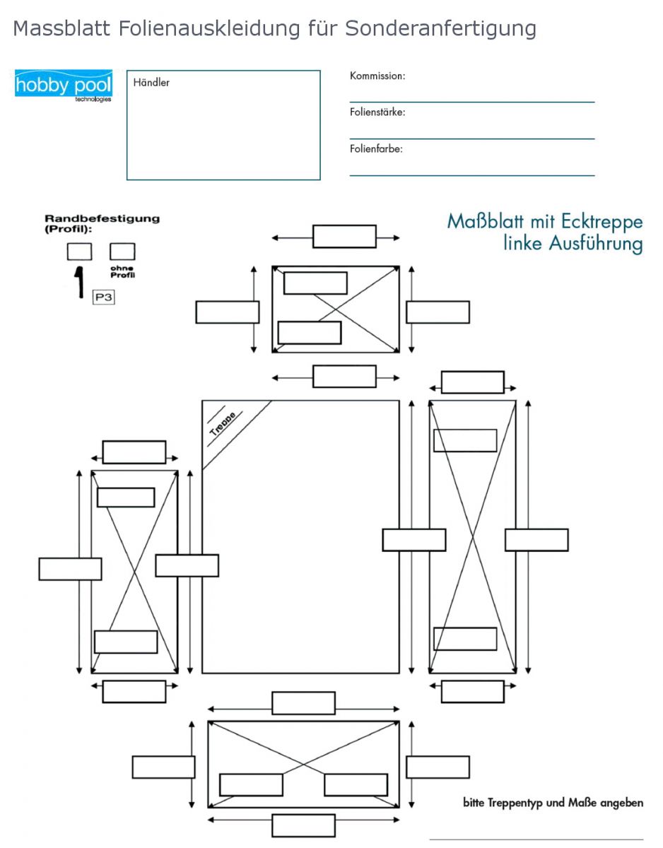 Schwimmbeckenfolie - Ersatzfolie Massblatt Rechteckbecken mit Treppe links