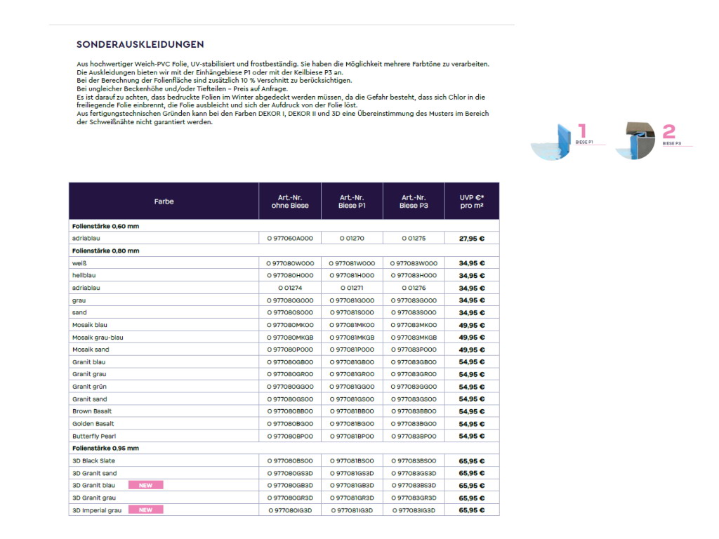 Schwimmbadfolie von Hersteller HobbyPool, Kataloginfo mit Preisliste und Detailinformationen